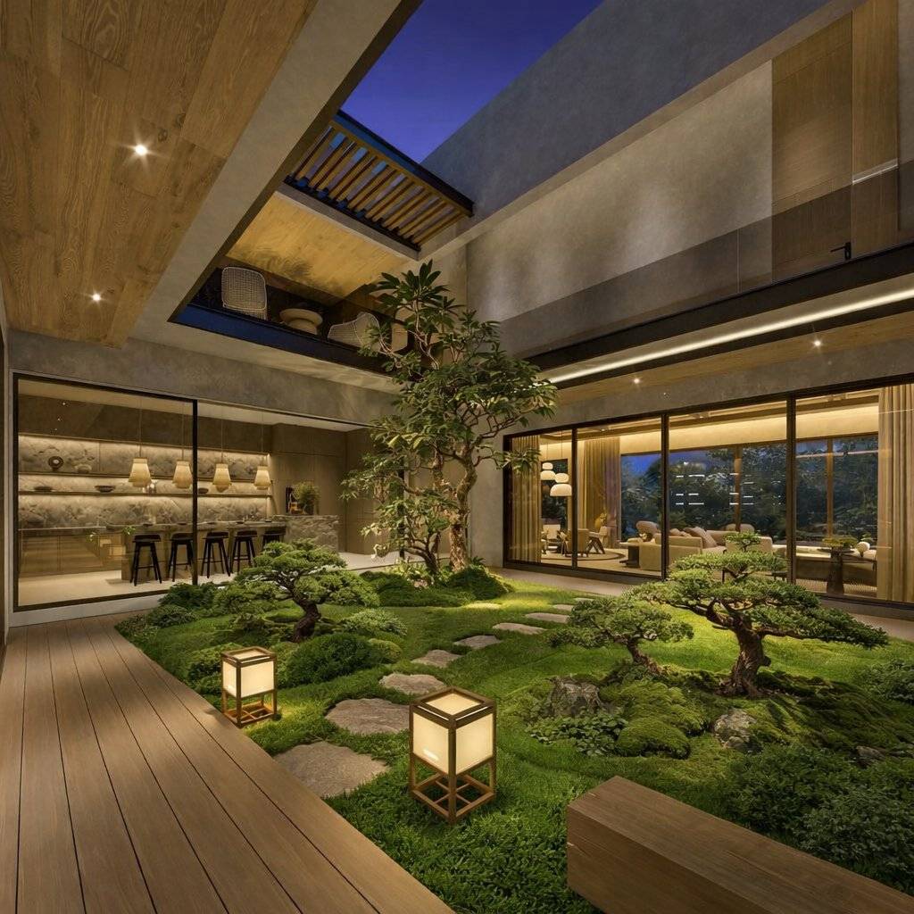 Interior patio at night